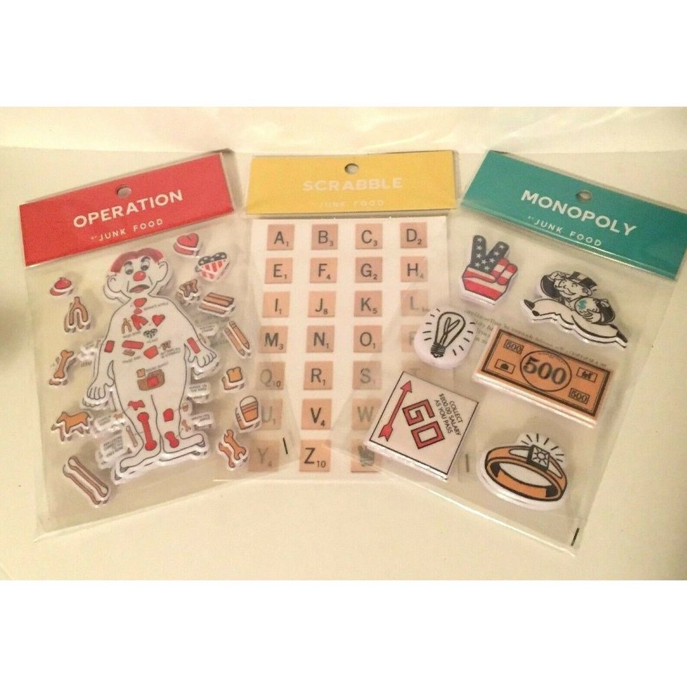 Junk Food Set 3 Scrabble Monopoly Operation Games Puffy Stickers Scrapbooking